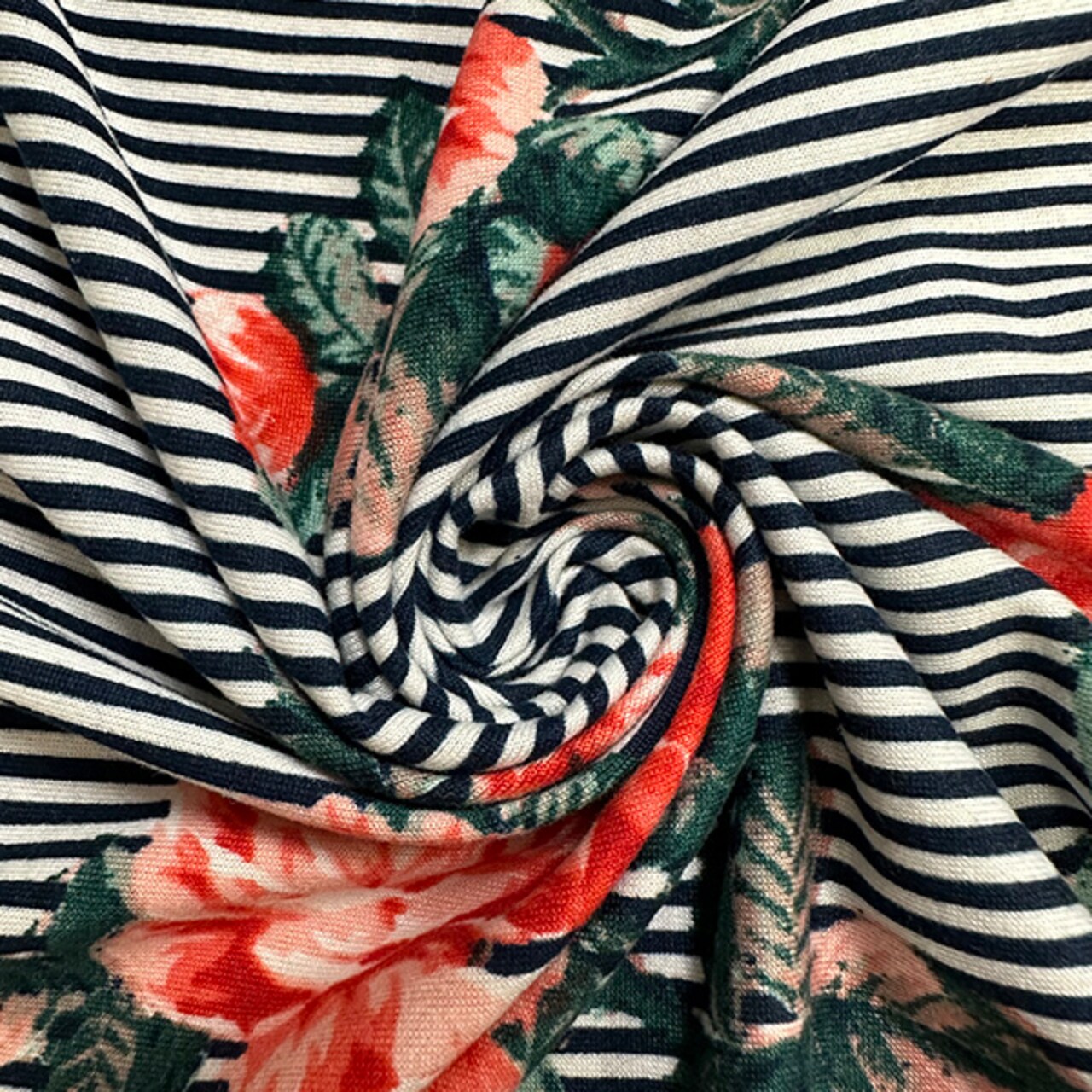 Pink Floral Black Stripe Print Double Brushed Jersey Knit By the Yard